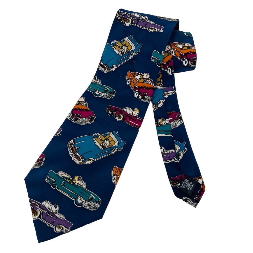 Peanuts Silk Tie Snoopy Cool Wheels Vintage‎ Cars Print Silk Blue One Size